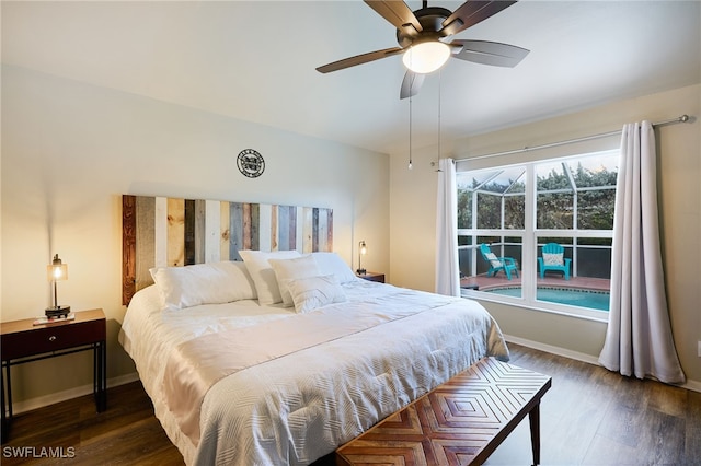 bedroom with dark hardwood / wood-style floors and ceiling fan