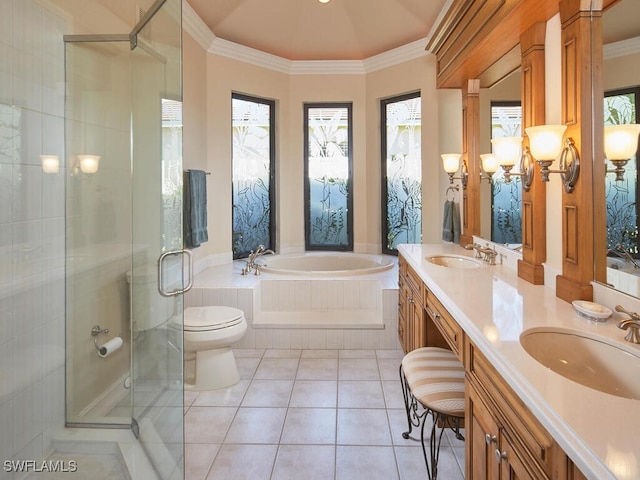 full bathroom with toilet, shower with separate bathtub, tile patterned flooring, vanity, and lofted ceiling