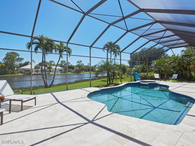 view of swimming pool with glass enclosure, an in ground hot tub, a water view, and a patio