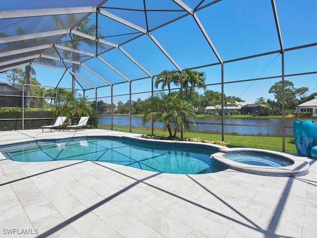 view of swimming pool featuring an in ground hot tub, a lanai, a water view, and a patio