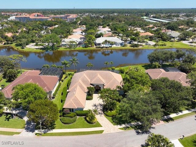 drone / aerial view with a water view