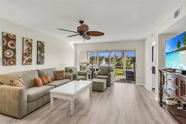 living room featuring ceiling fan and light hardwood / wood-style floors