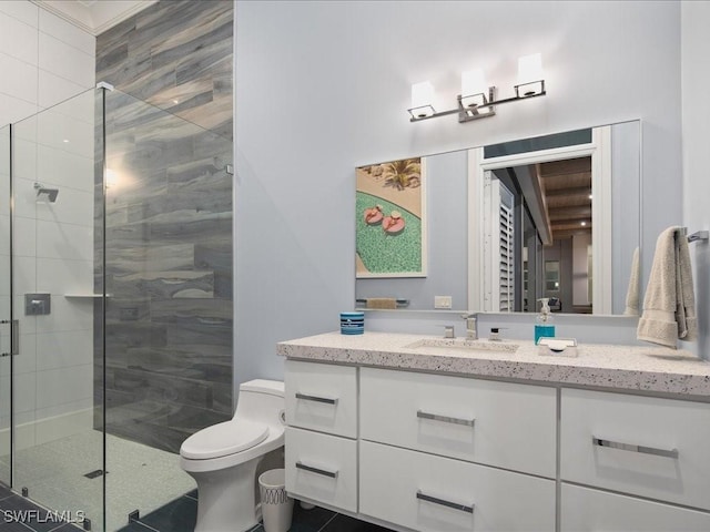 full bath featuring toilet, a stall shower, tile patterned floors, and vanity