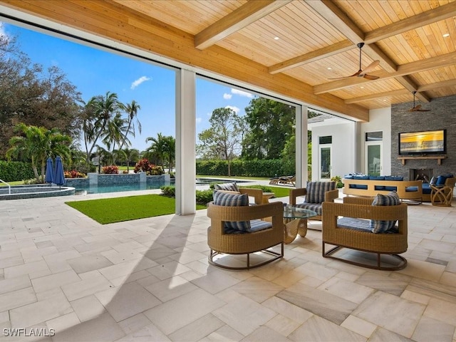 view of patio with an outdoor hangout area, an outdoor pool, and a ceiling fan