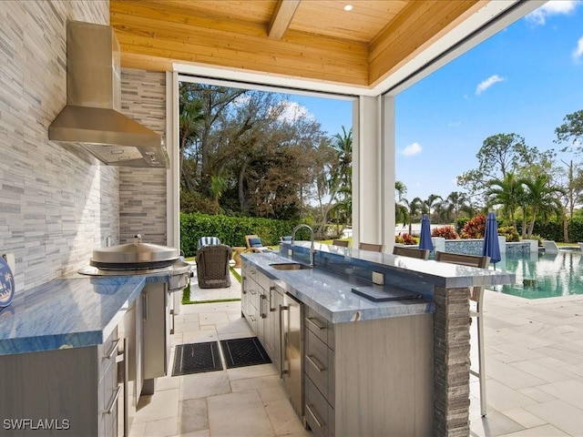 view of patio with an outdoor kitchen, a sink, and an outdoor pool