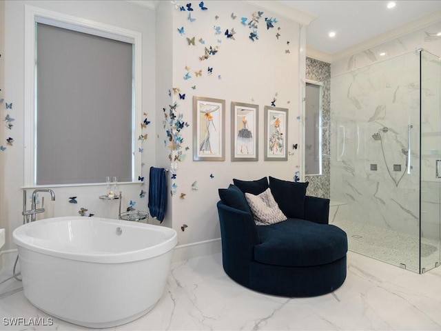 full bath with marble finish floor, a marble finish shower, a freestanding tub, and recessed lighting