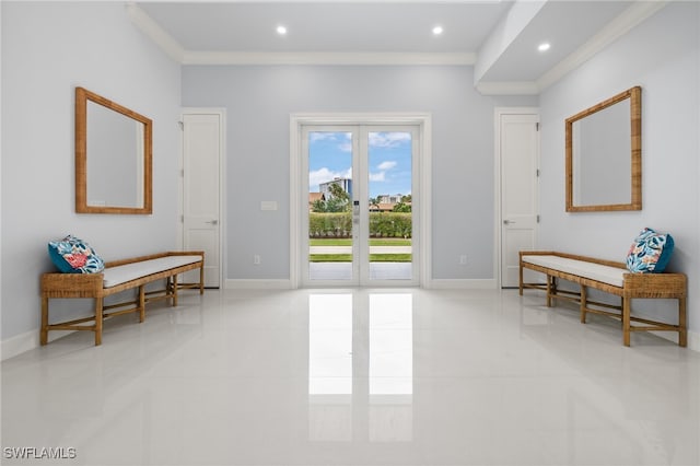 interior space featuring light tile patterned flooring and crown molding