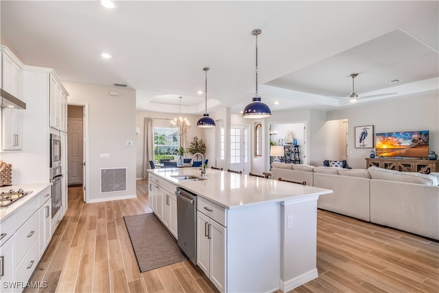 kitchen with white cabinetry, light hardwood / wood-style flooring, sink, and an island with sink