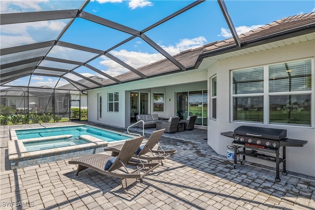 view of pool featuring glass enclosure, an in ground hot tub, a patio, a grill, and outdoor lounge area