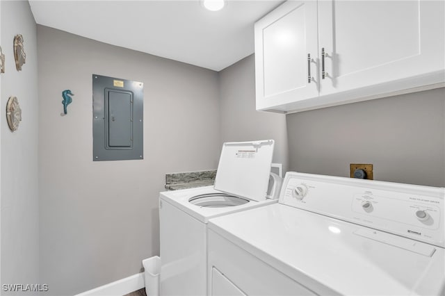 laundry room featuring electric panel, cabinets, and washer and dryer