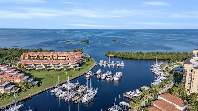 birds eye view of property featuring a water view