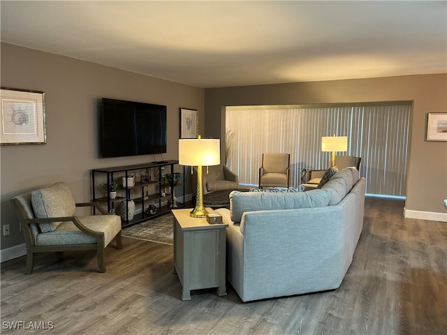 living room featuring dark wood-type flooring