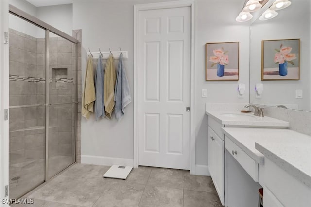 bathroom with tile patterned flooring, vanity, and an enclosed shower