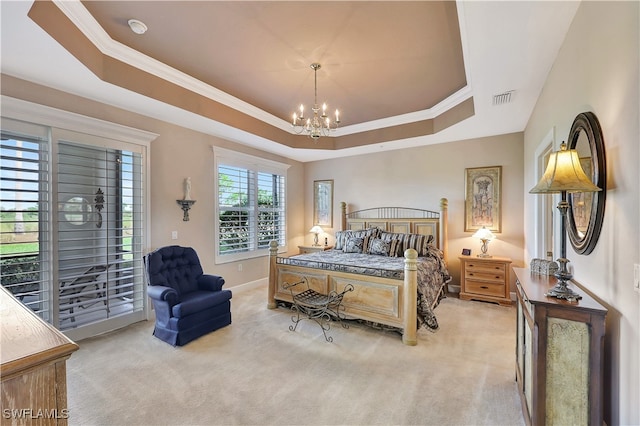 carpeted bedroom with a raised ceiling, multiple windows, and ornamental molding