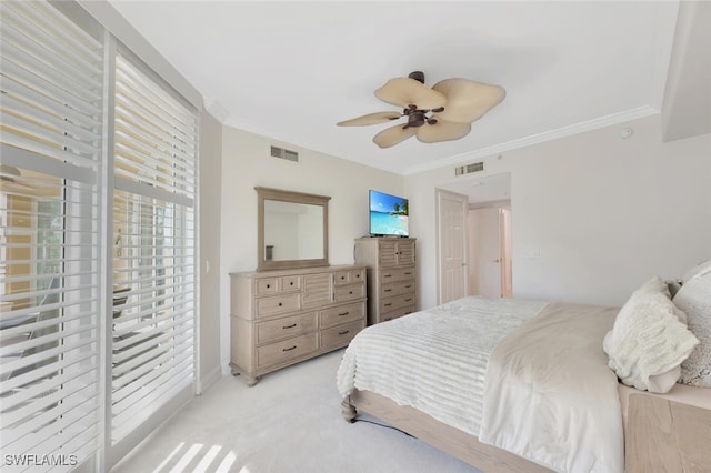 bedroom with access to outside, light colored carpet, ceiling fan, and crown molding