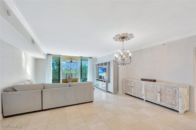 unfurnished living room with ornamental molding, a wall of windows, and an inviting chandelier