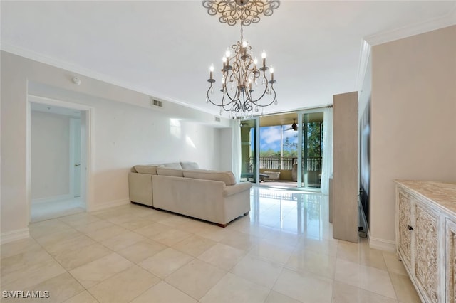 living room featuring ornamental molding, a chandelier, and light tile patterned flooring