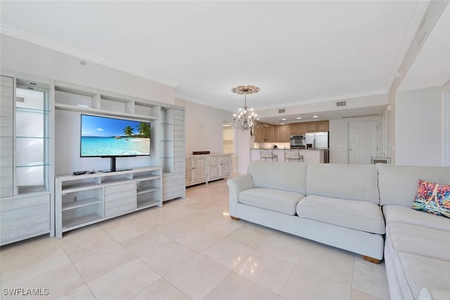 tiled living room featuring a notable chandelier and crown molding