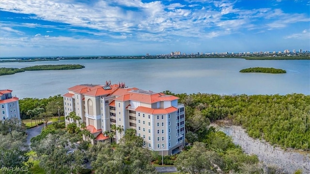 drone / aerial view featuring a water view