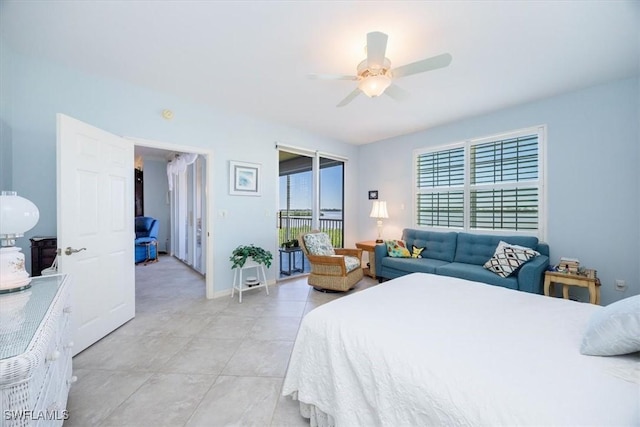 bedroom with ceiling fan and access to exterior