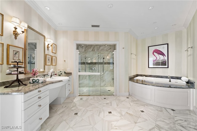 bathroom with vanity, ornamental molding, and shower with separate bathtub