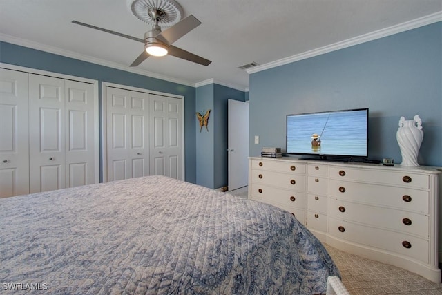 carpeted bedroom featuring multiple closets, ceiling fan, and crown molding