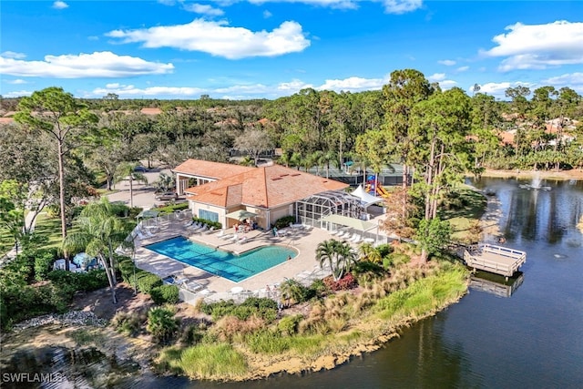 drone / aerial view with a water view