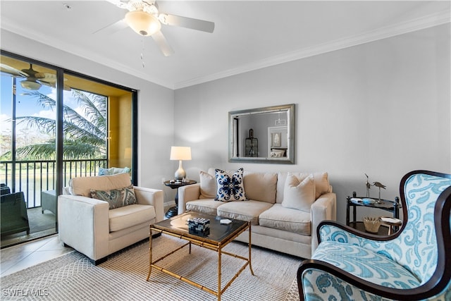 living room featuring light tile patterned flooring, ceiling fan, and ornamental molding