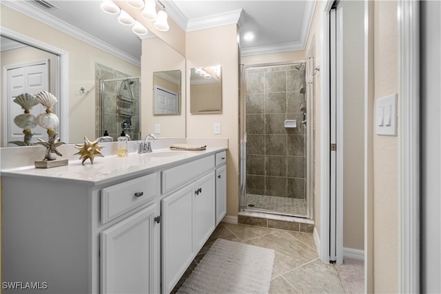 bathroom featuring walk in shower, ornamental molding, tile patterned floors, and vanity