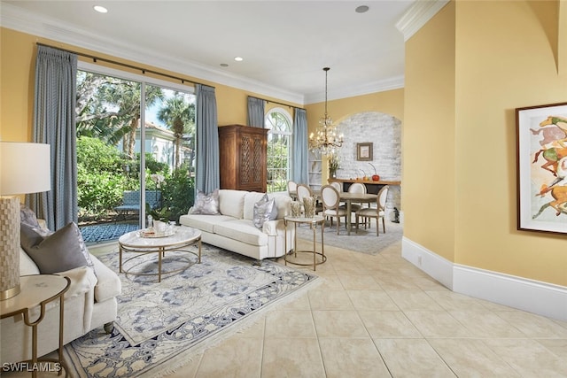 tiled living room featuring a chandelier and ornamental molding