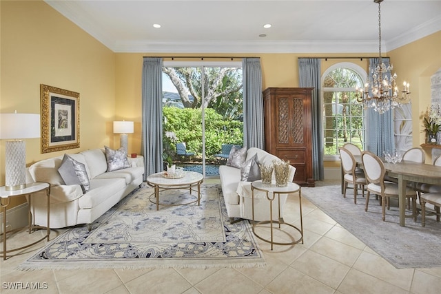 living room featuring light tile patterned flooring, crown molding, and a notable chandelier