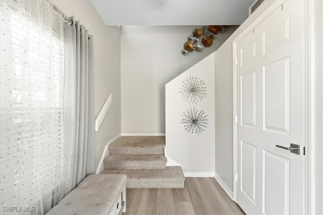 stairs with hardwood / wood-style flooring