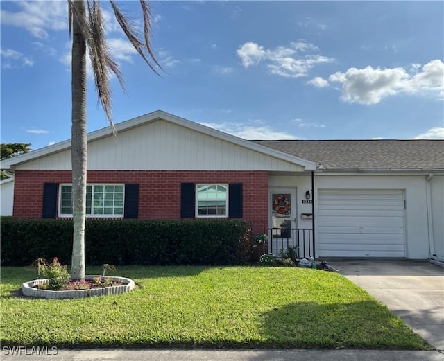 1374 Bunker Way, Fort Myers, FL 33919 - single story home with brick siding, a garage, a front yard, concrete driveway, and a shingled roof
