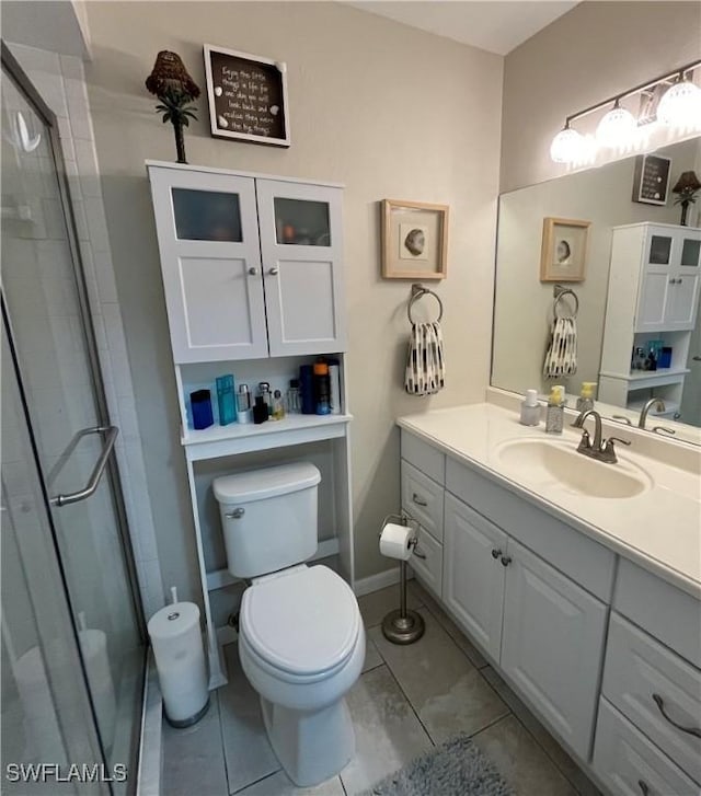 full bathroom with vanity, a shower with door, and toilet