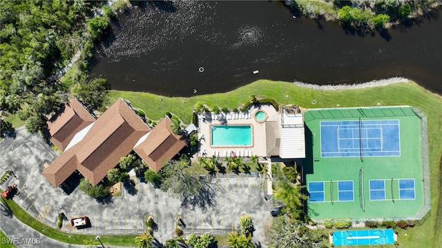 aerial view featuring a water view