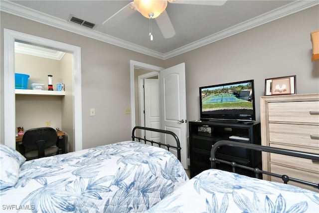 bedroom featuring ceiling fan and ornamental molding