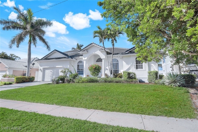 view of front of home featuring a front lawn and a garage