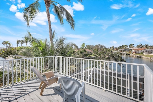 deck featuring a water view