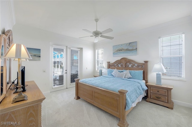 bedroom with ceiling fan, french doors, access to outside, light carpet, and ornamental molding