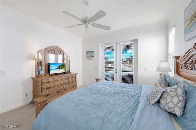 bedroom featuring carpet flooring, ceiling fan, crown molding, access to outside, and multiple windows