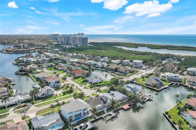 aerial view featuring a water view