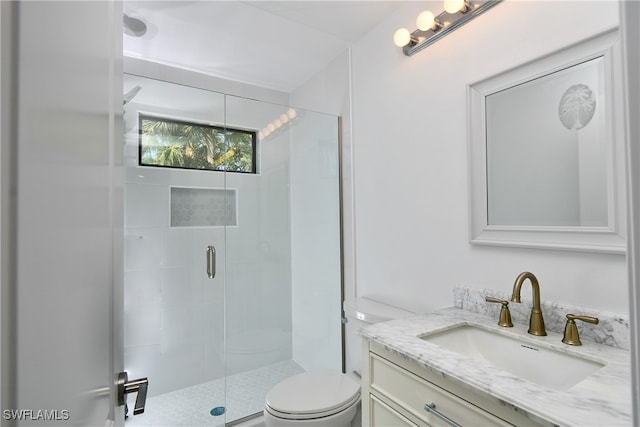 bathroom featuring vanity, toilet, and a shower with shower door