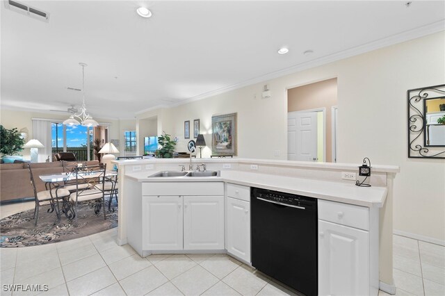 kitchen with dishwasher, white cabinets, sink, a kitchen island with sink, and ornamental molding