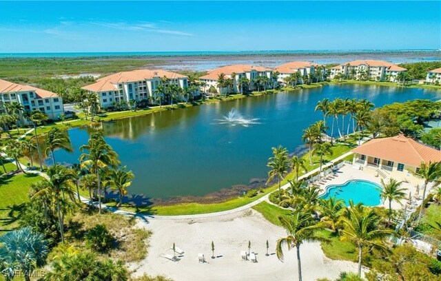 bird's eye view with a water view