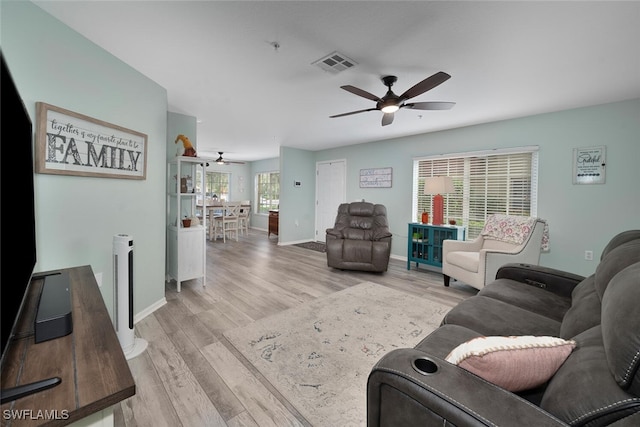 living room featuring ceiling fan and light hardwood / wood-style floors