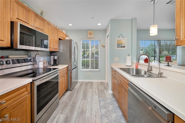 kitchen featuring light hardwood / wood-style floors, stainless steel appliances, hanging light fixtures, a wealth of natural light, and sink