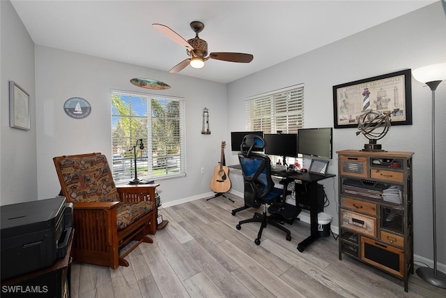 office area featuring light hardwood / wood-style floors, ceiling fan, and a healthy amount of sunlight