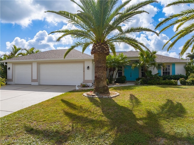 view of front of house with a garage and a front lawn