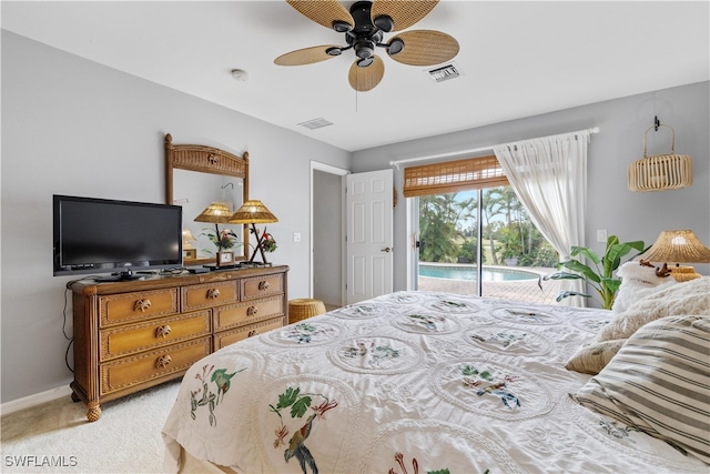 carpeted bedroom with access to outside and ceiling fan