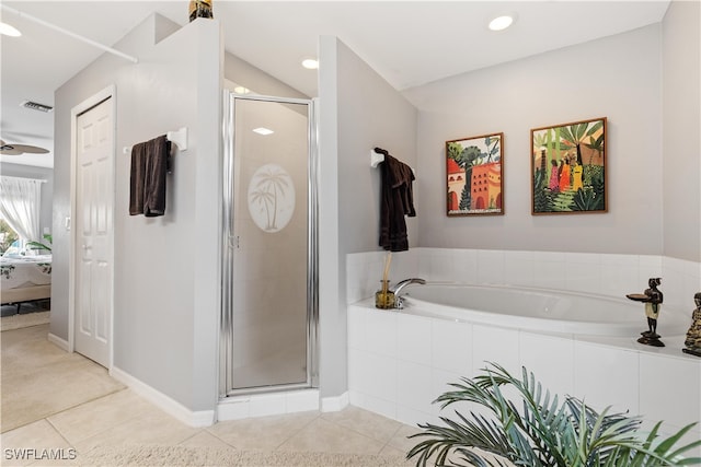 bathroom with tile patterned floors, separate shower and tub, and ceiling fan